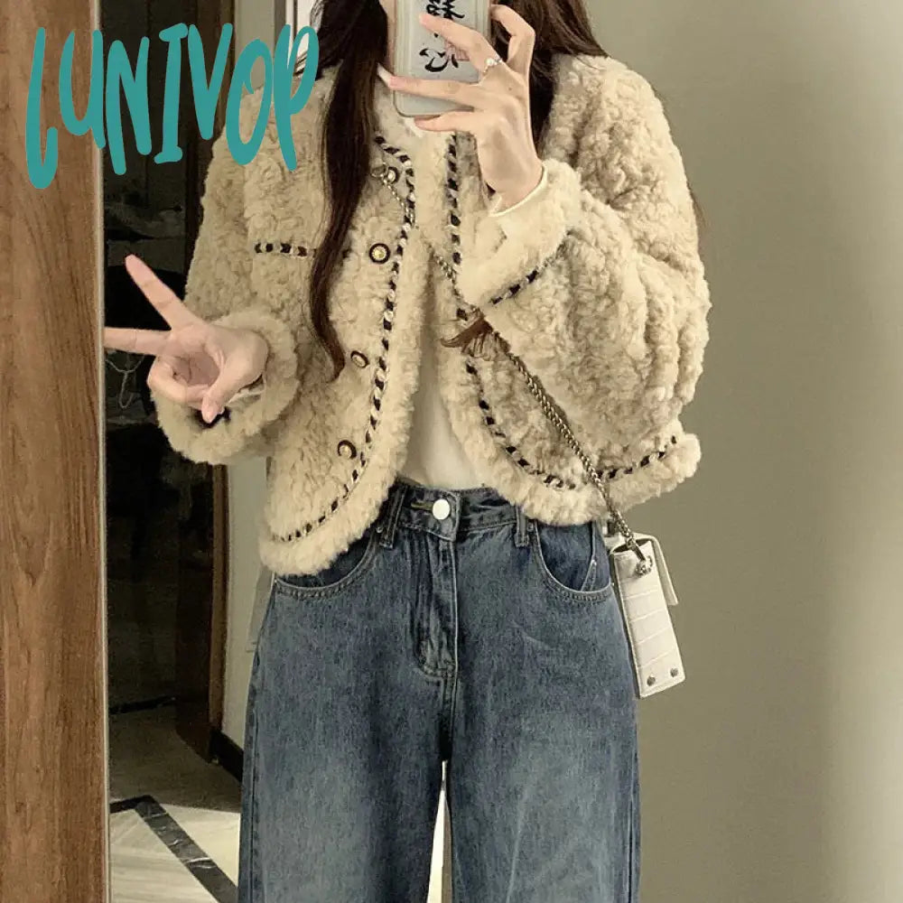 Lunivop Vintage Lamb Wool Coats Women Elegant Cropped Faux Fur Quilted Jacket Winter Ladies Korean