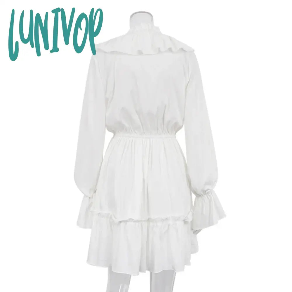Lunivop Vintage Long Sleeves Tunic Waist Dresses For Women Fairy V Neck Ruffles White Mini Dress