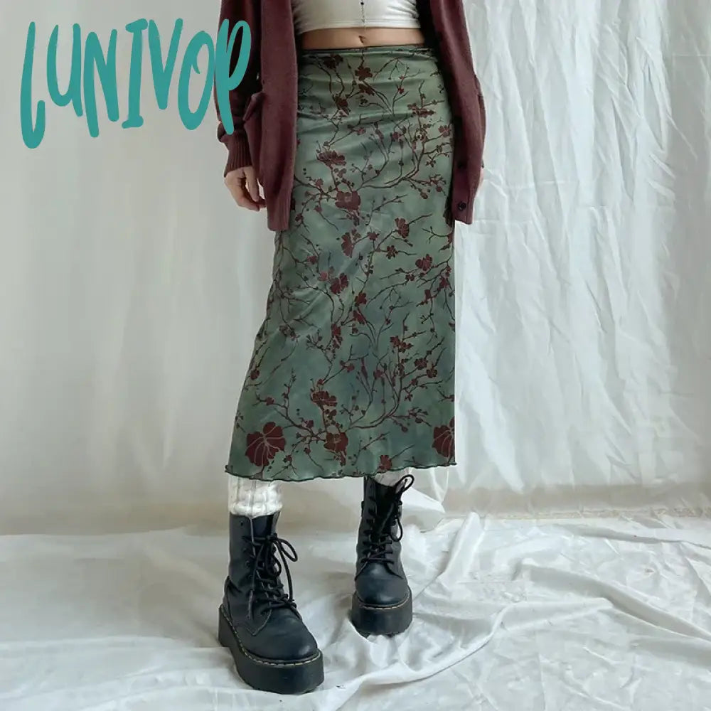 Lunivop Vintage Newspaper Letter Print High Waist Long Skirt Women Distressed Harajuku Slim Pencil