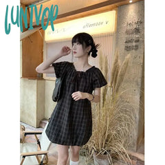 Lunivop Vintage Plaid Mini Dress Women Japanese Kawaii Bow Bandage One Pieces Dresses Summer Puff