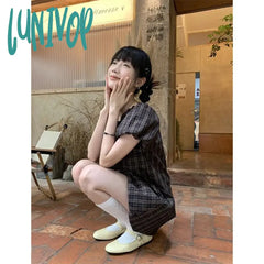 Lunivop Vintage Plaid Mini Dress Women Japanese Kawaii Bow Bandage One Pieces Dresses Summer Puff