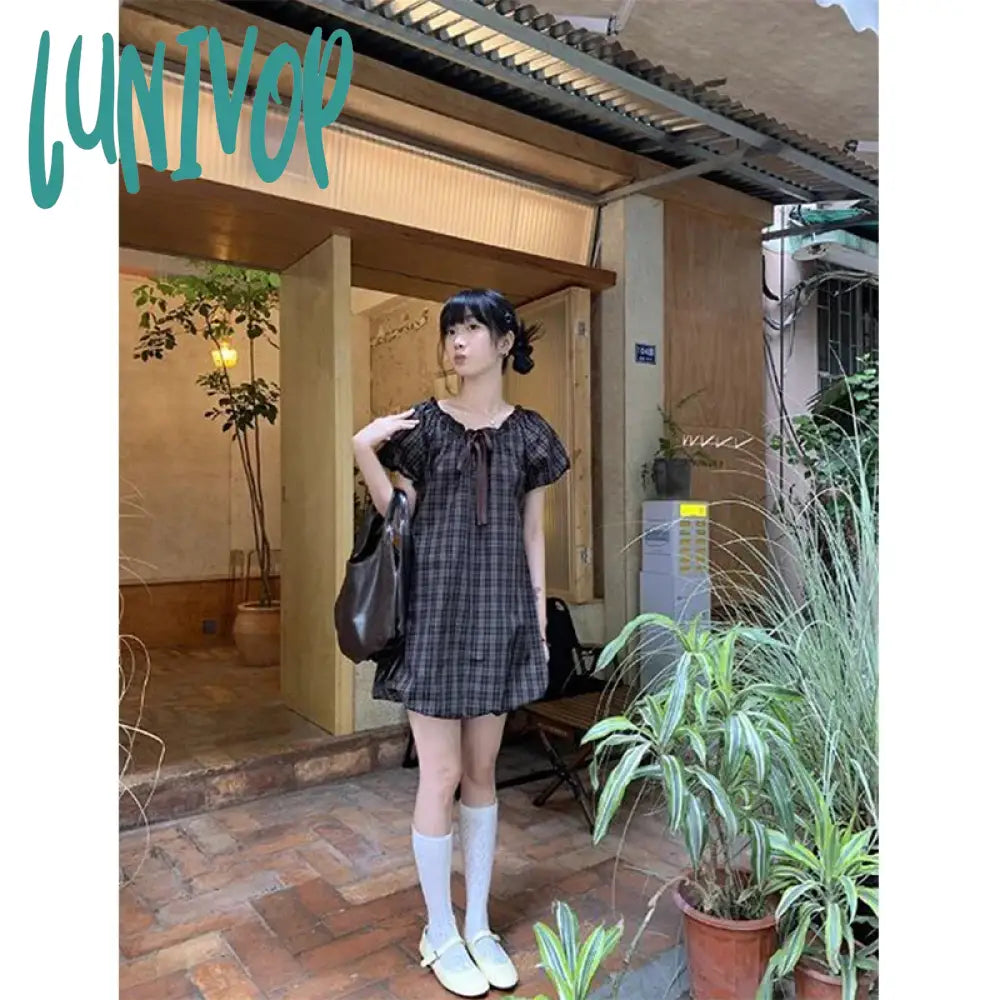 Lunivop Vintage Plaid Mini Dress Women Japanese Kawaii Bow Bandage One Pieces Dresses Summer Puff