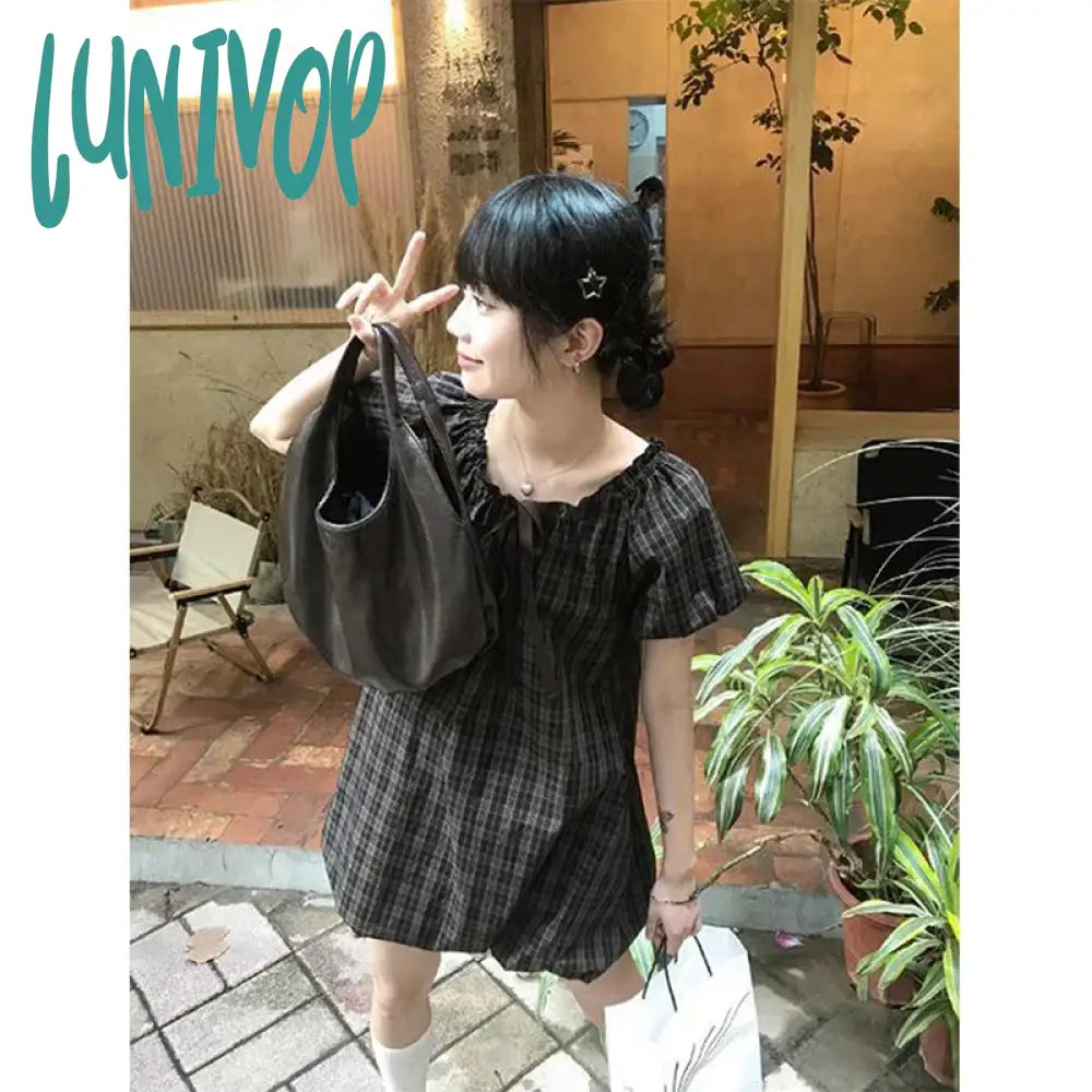 Lunivop Vintage Plaid Mini Dress Women Japanese Kawaii Bow Bandage One Pieces Dresses Summer Puff