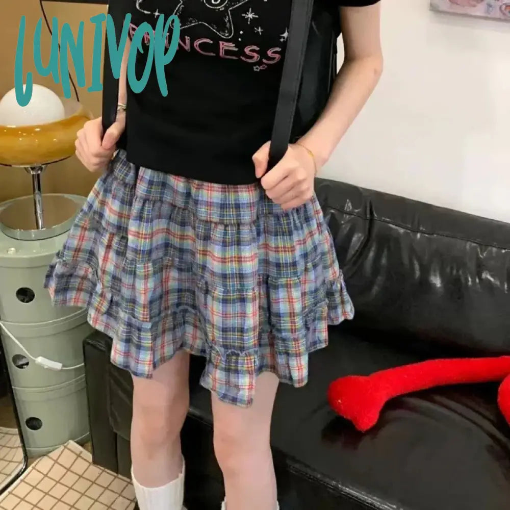 Lunivop Vintage Plaid Mini Skirt Women Japanese Harajuku Ruffles A Line Skirts Y2K Streetwear