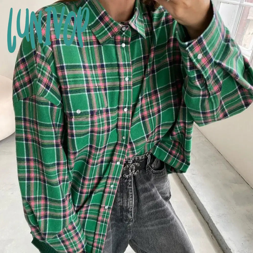 Lunivop Vintage Plaid Shirt Loose Long Sleeve Woman‘s Blouses 2024 Spring Autumn Casual Fashion
