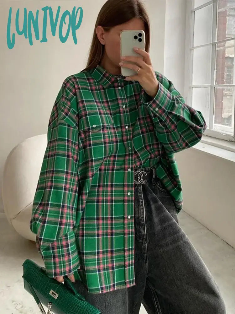 Lunivop Vintage Plaid Shirt Loose Long Sleeve Woman‘s Blouses 2024 Spring Autumn Casual Fashion