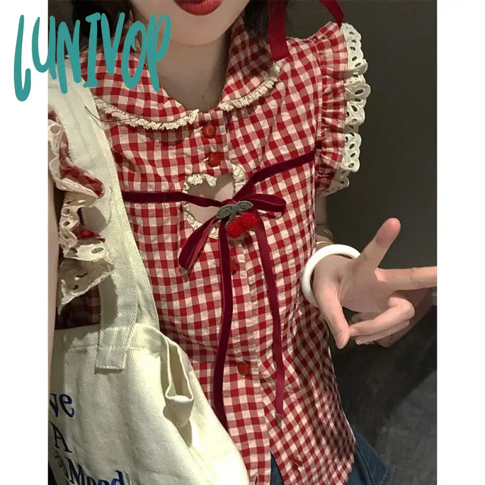 Lunivop Vintage Plaid Shirts Women Japanese Kawaii Bow Hollow Out Blouses Summer Harajuku Korean