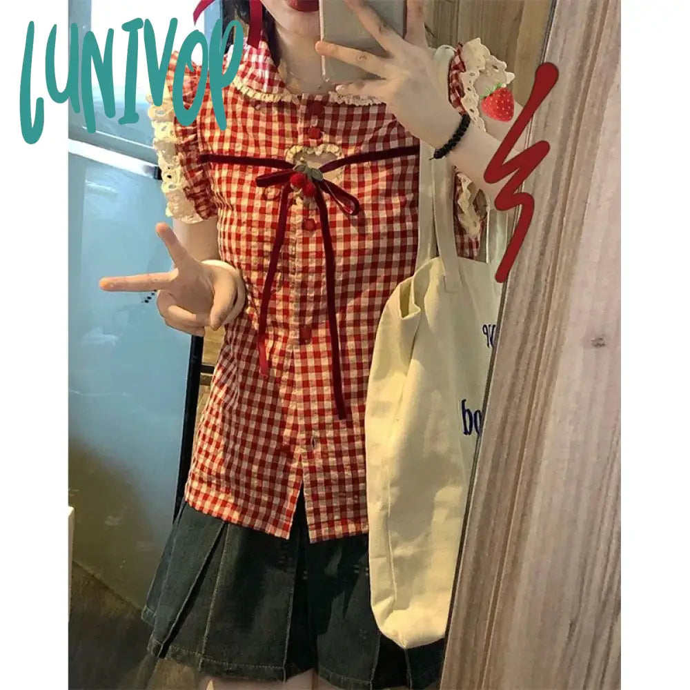 Lunivop Vintage Plaid Shirts Women Japanese Kawaii Bow Hollow Out Blouses Summer Harajuku Korean