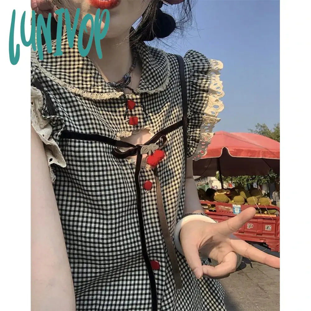 Lunivop Vintage Plaid Shirts Women Japanese Kawaii Bow Hollow Out Blouses Summer Harajuku Korean