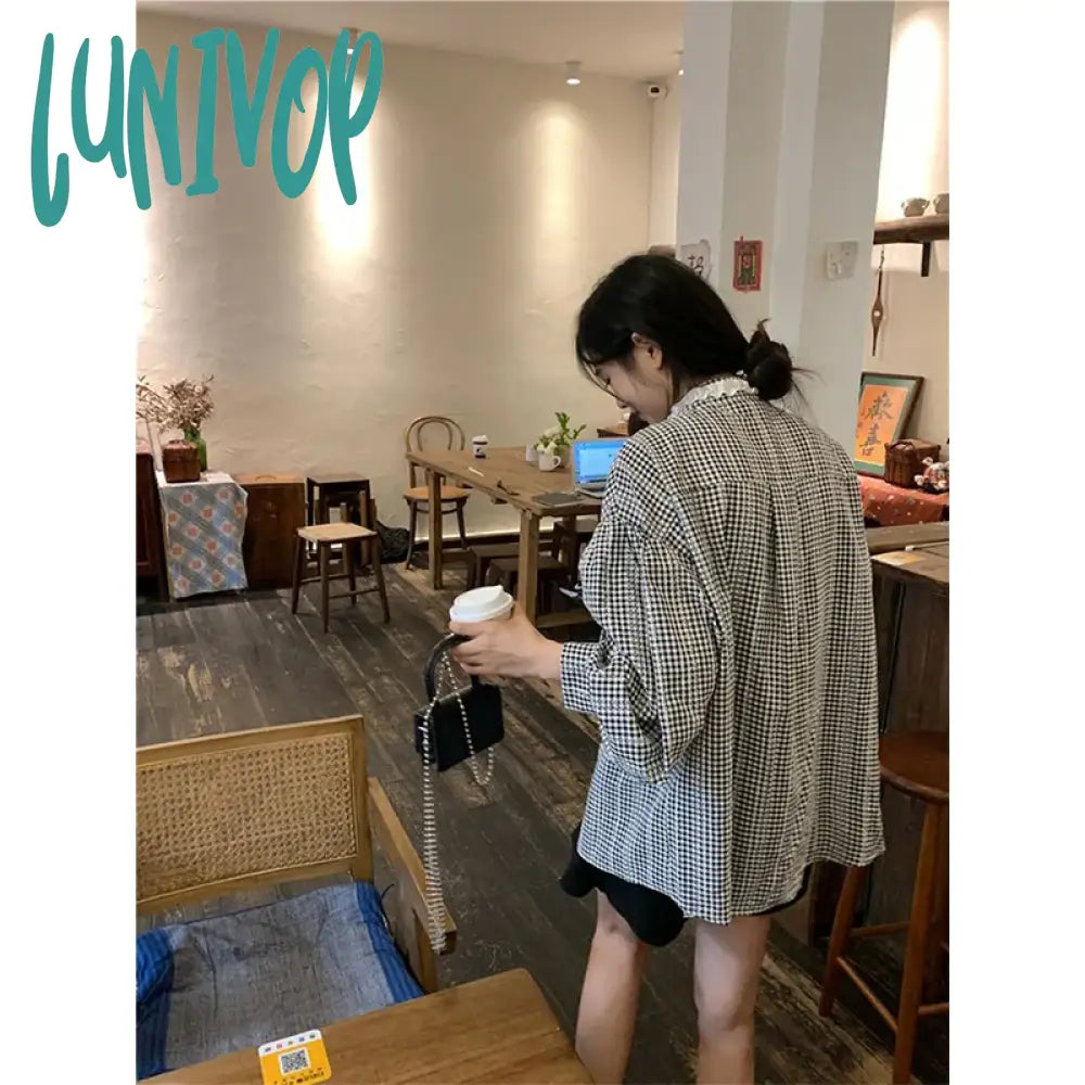 Lunivop Vintage Plaid Shirts Women Sweet Cute Bow Bandage Long Sleeve Blouses Korean Elegant Lace