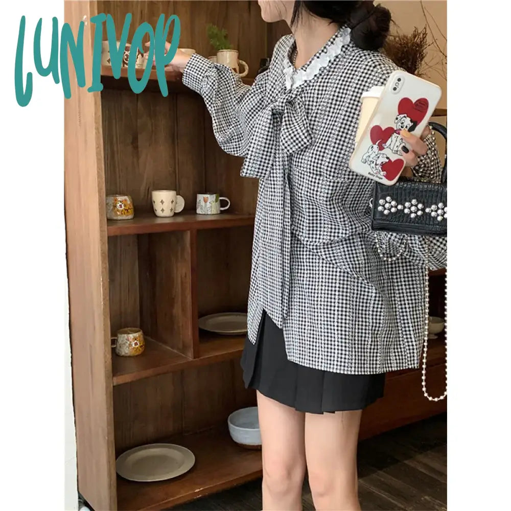 Lunivop Vintage Plaid Shirts Women Sweet Cute Bow Bandage Long Sleeve Blouses Korean Elegant Lace