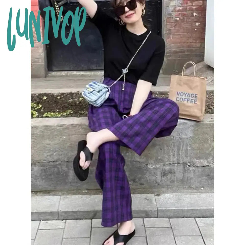 Lunivop Vintage Plaid Wide Leg Pants Women High Waist Straight Casual Trousers Harajuku Korean