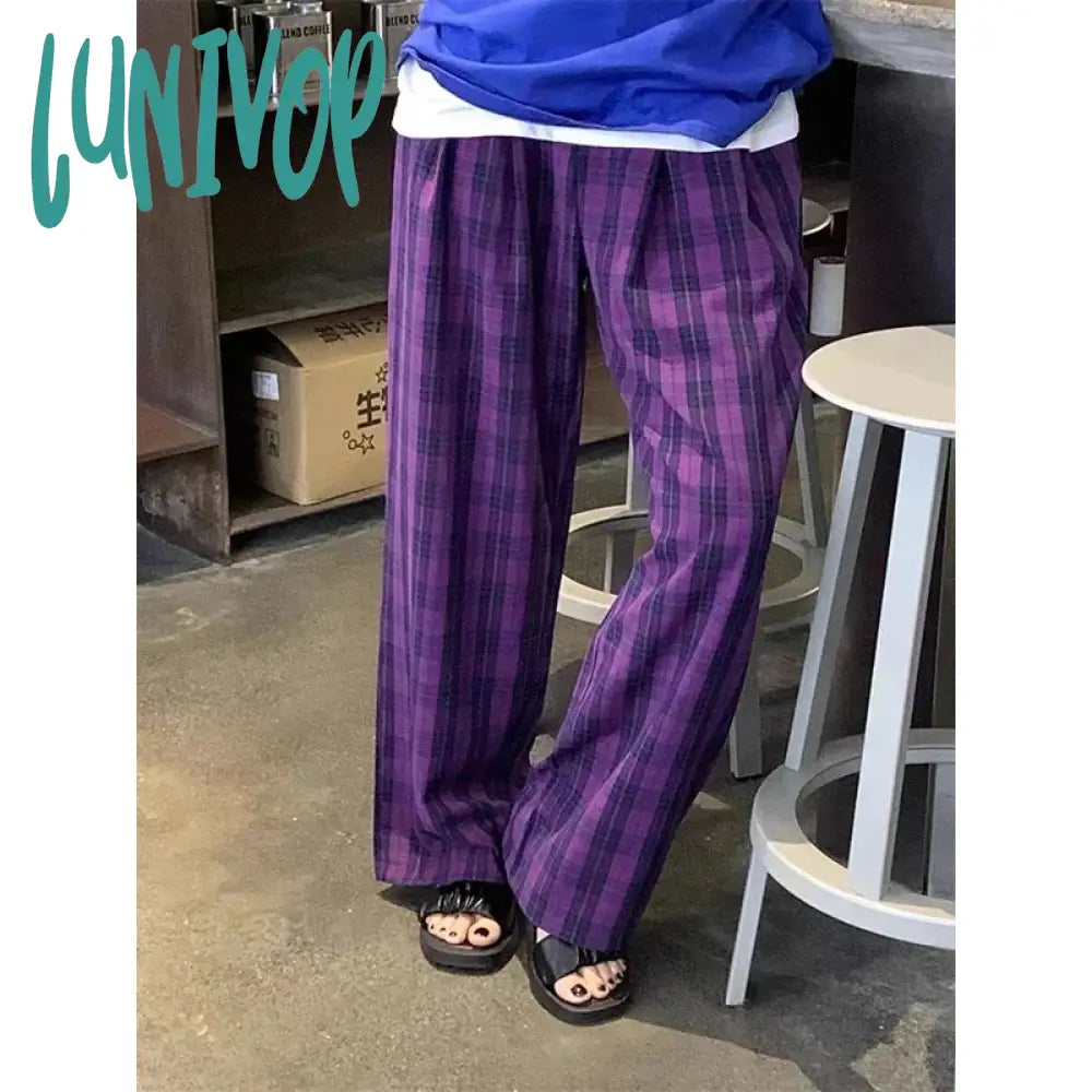 Lunivop Vintage Plaid Wide Leg Pants Women High Waist Straight Casual Trousers Harajuku Korean