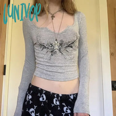Lunivop Vintage Retro Star Print Elastic T Shirt 2000S Women Slim Crop Top Harajuku Casual Y2K