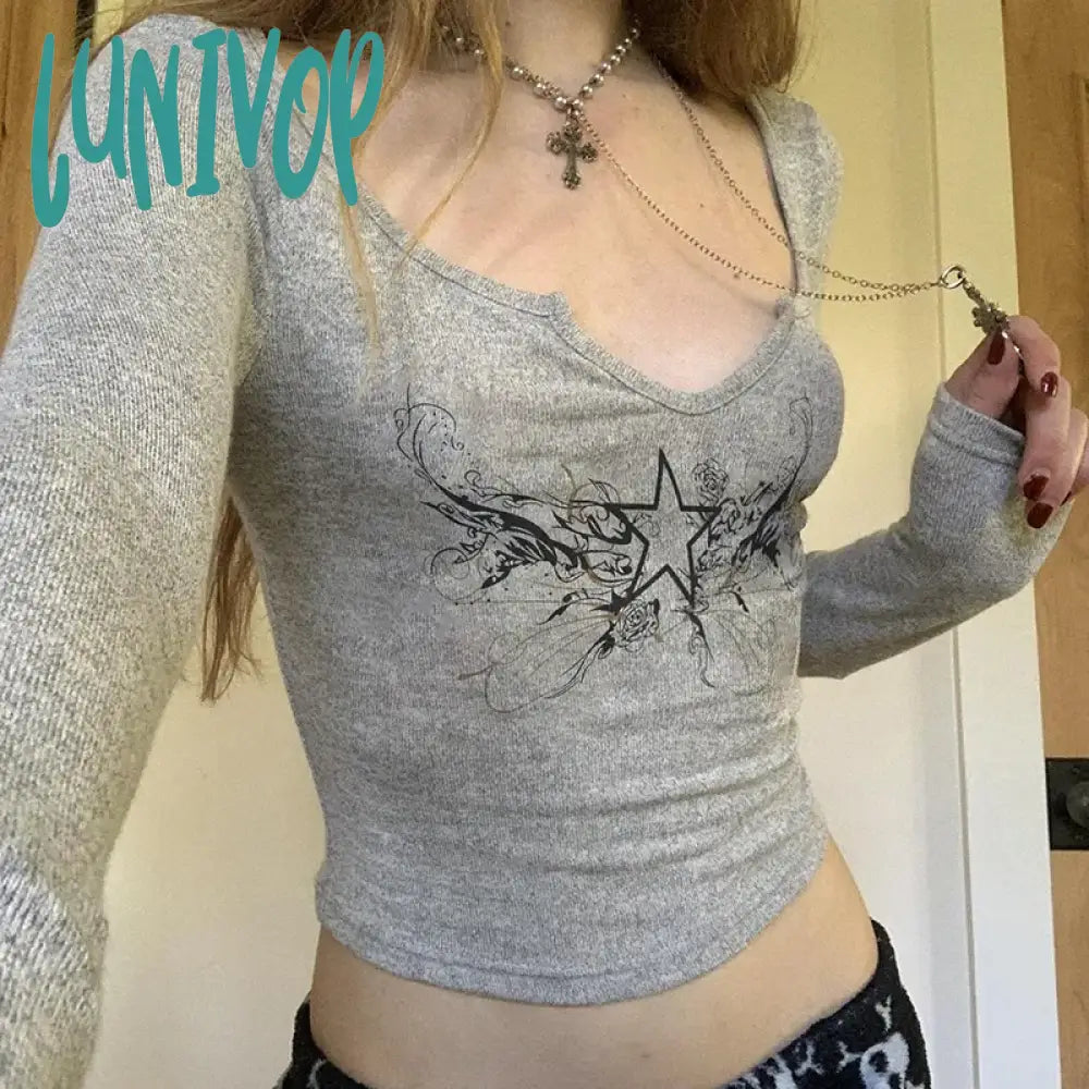 Lunivop Vintage Retro Star Print Elastic T Shirt 2000S Women Slim Crop Top Harajuku Casual Y2K