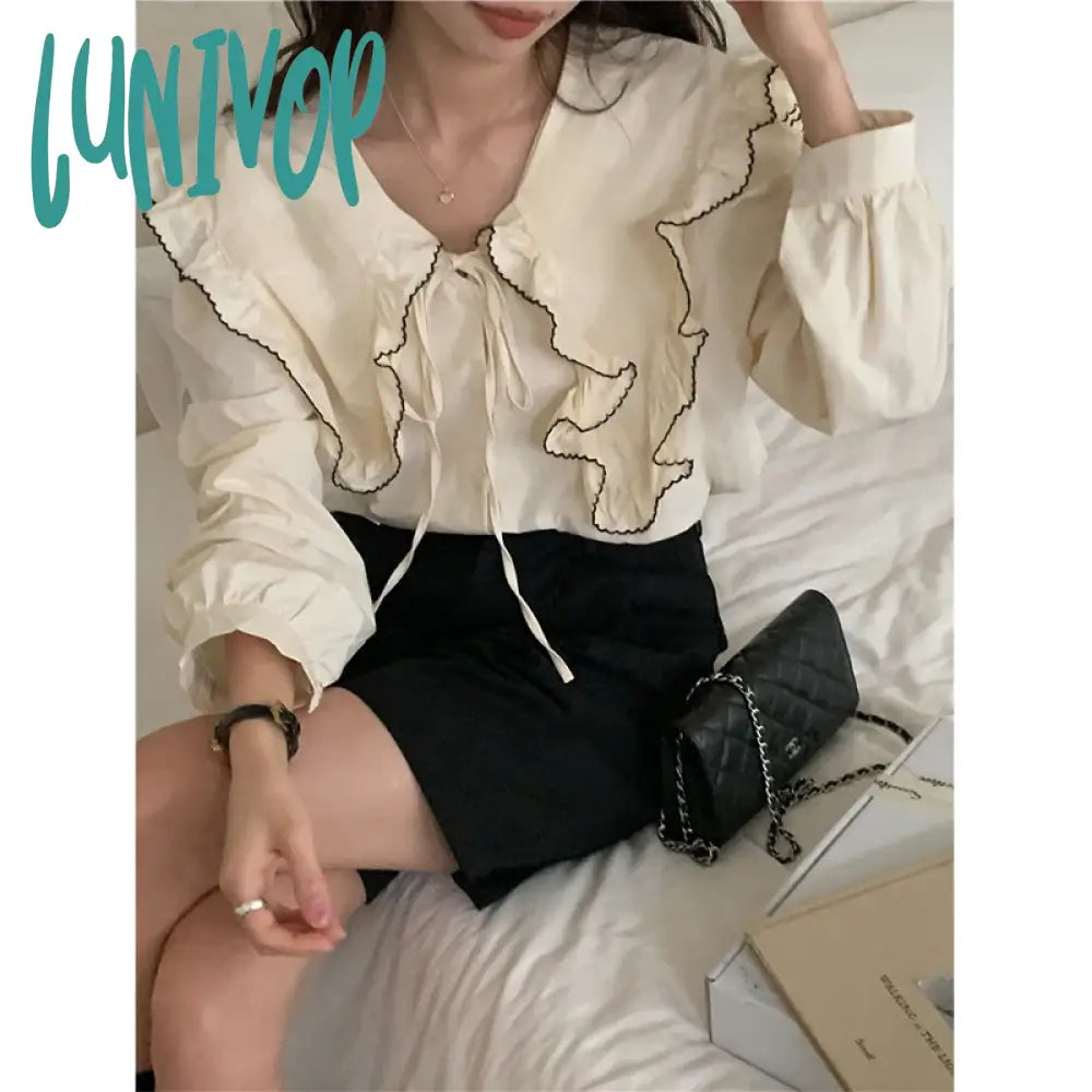 Lunivop Vintage Ruffles Shirts Women Elegant Black Patchwork Long Sleeve Blouses Office Ladies