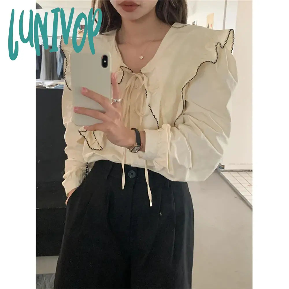 Lunivop Vintage Ruffles Shirts Women Elegant Black Patchwork Long Sleeve Blouses Office Ladies