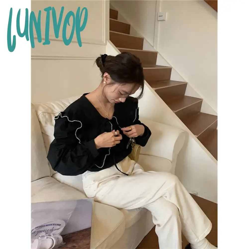 Lunivop Vintage Ruffles Shirts Women Elegant Black Patchwork Long Sleeve Blouses Office Ladies