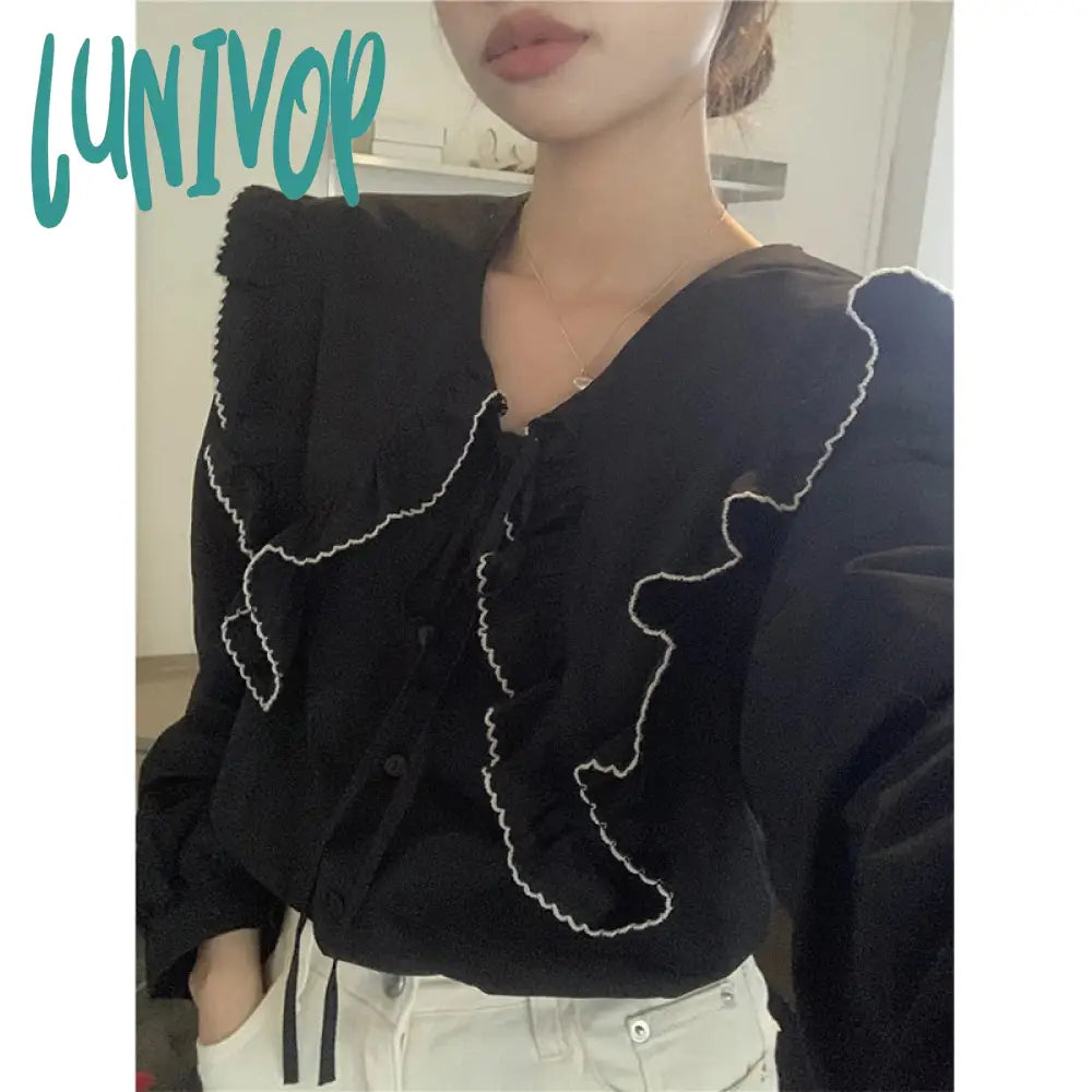 Lunivop Vintage Ruffles Shirts Women Elegant Black Patchwork Long Sleeve Blouses Office Ladies