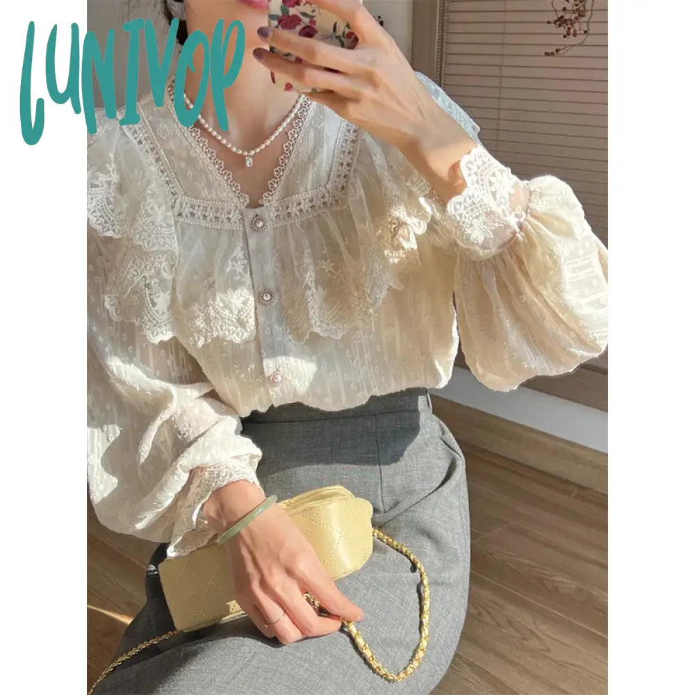 Lunivop Vintage Ruffles Shirts Women Elegant Lace Patchwork Blouses Office Lady Korean V Neck Long
