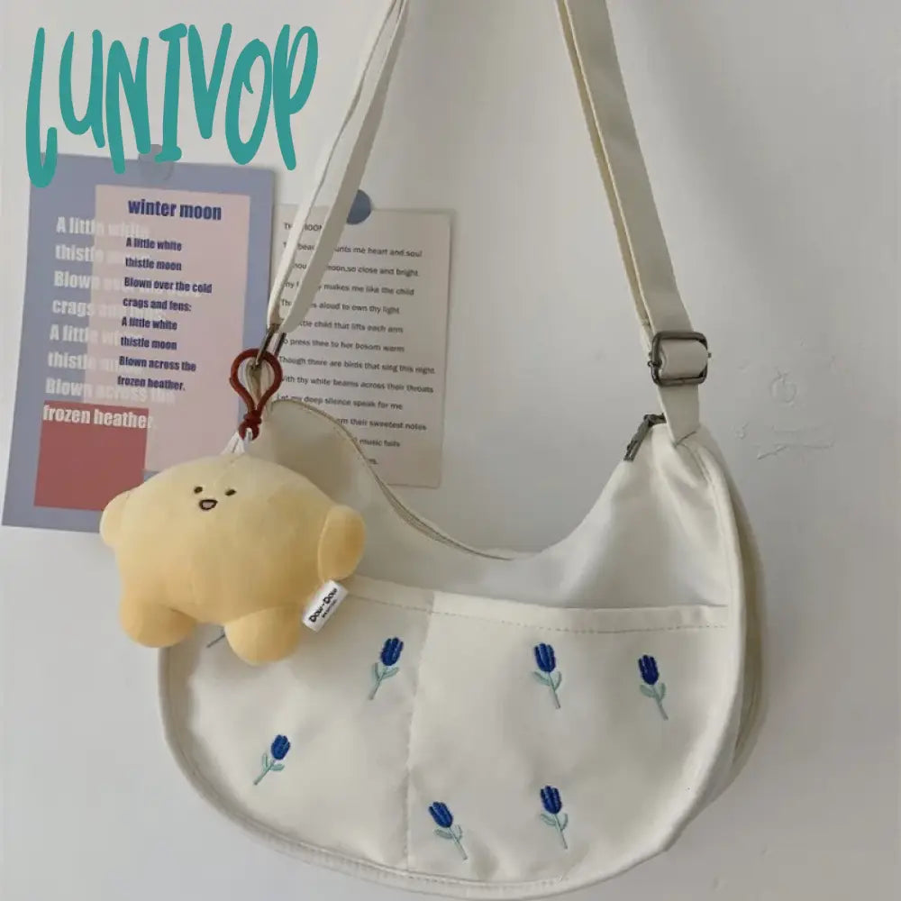 Lunivop Vintage Shoulder Bag For Women Fsahion Flower Embroidery Canvas Crossbody Bags Casual