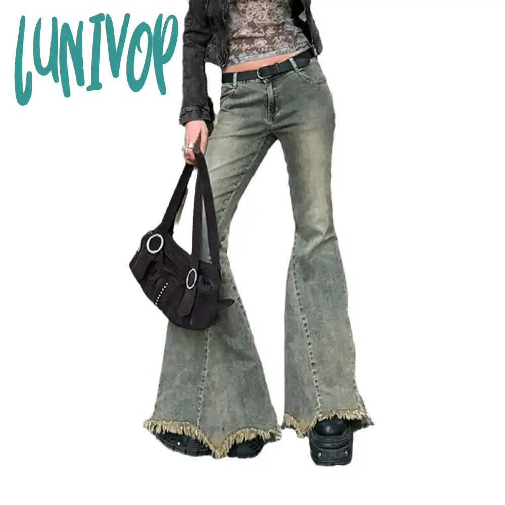 Lunivop Vintage Slim Flare Pants Casual Mid-Waisted Wide Leg Women Autumn Spring Elegant Fashion