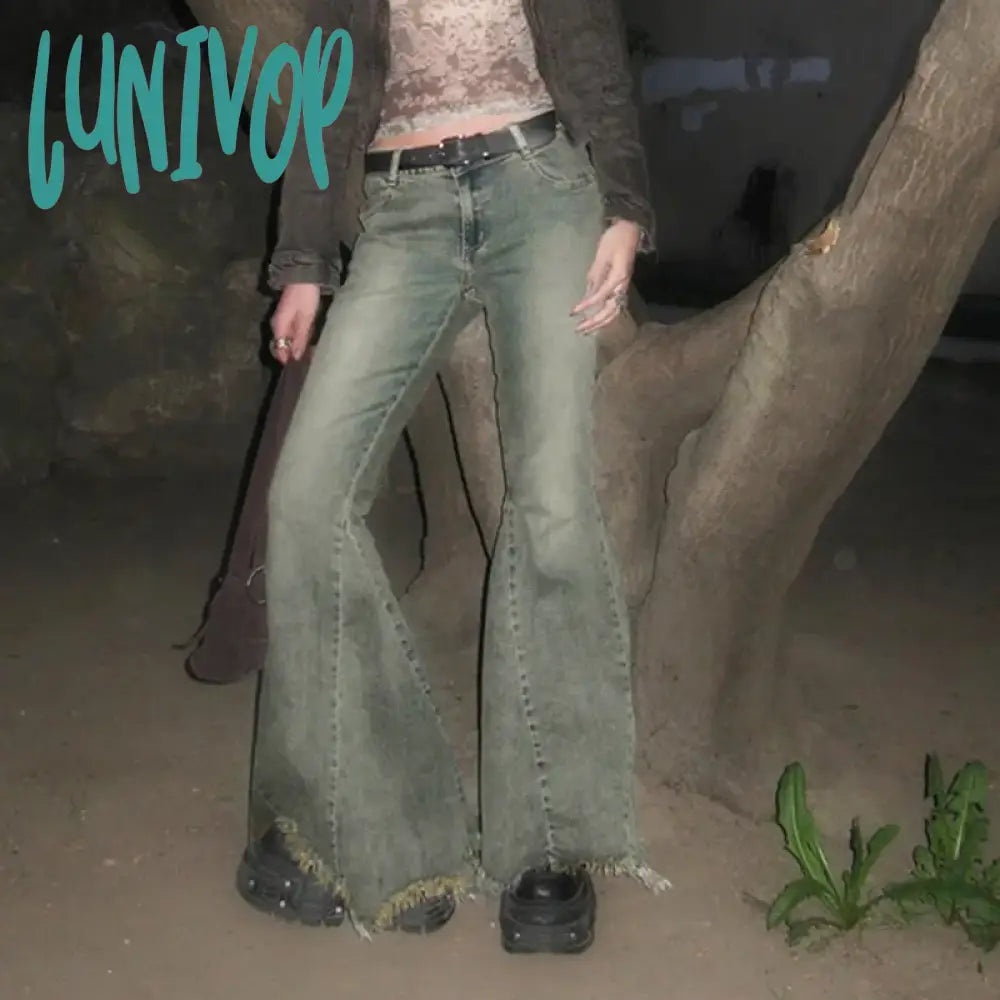 Lunivop Vintage Slim Flare Pants Casual Mid-Waisted Wide Leg Women Autumn Spring Elegant Fashion