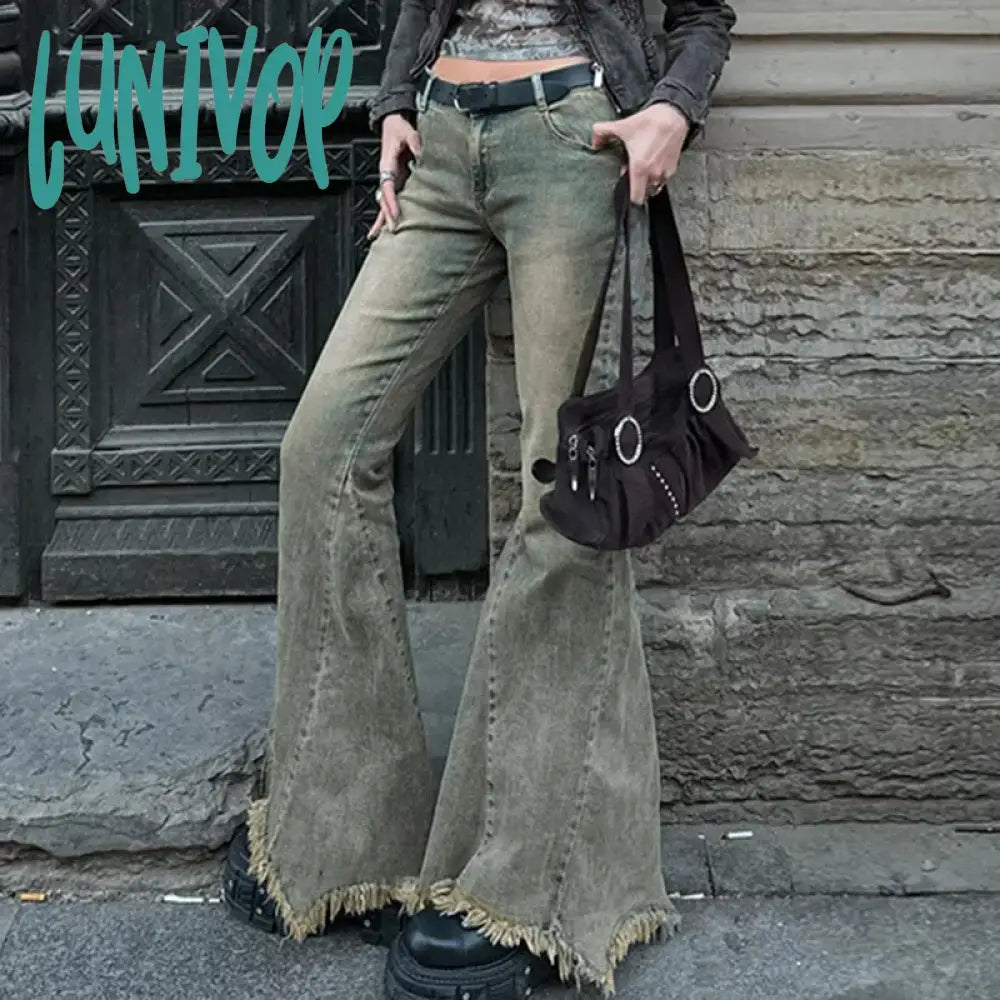 Lunivop Vintage Slim Flare Pants Casual Mid-Waisted Wide Leg Women Autumn Spring Elegant Fashion