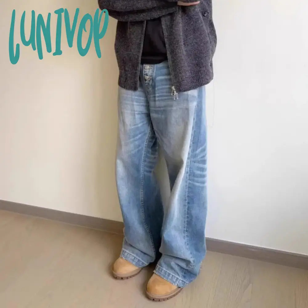 Lunivop Vintage Straight Blue Jeans Woman Baggy High Waist Basic Denim Pants Korean Fashion Y2K