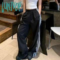 Lunivop Vintage Striped Black Sports Pants Women Baggy Patchwork Lace Wide Leg Jogging Trousers