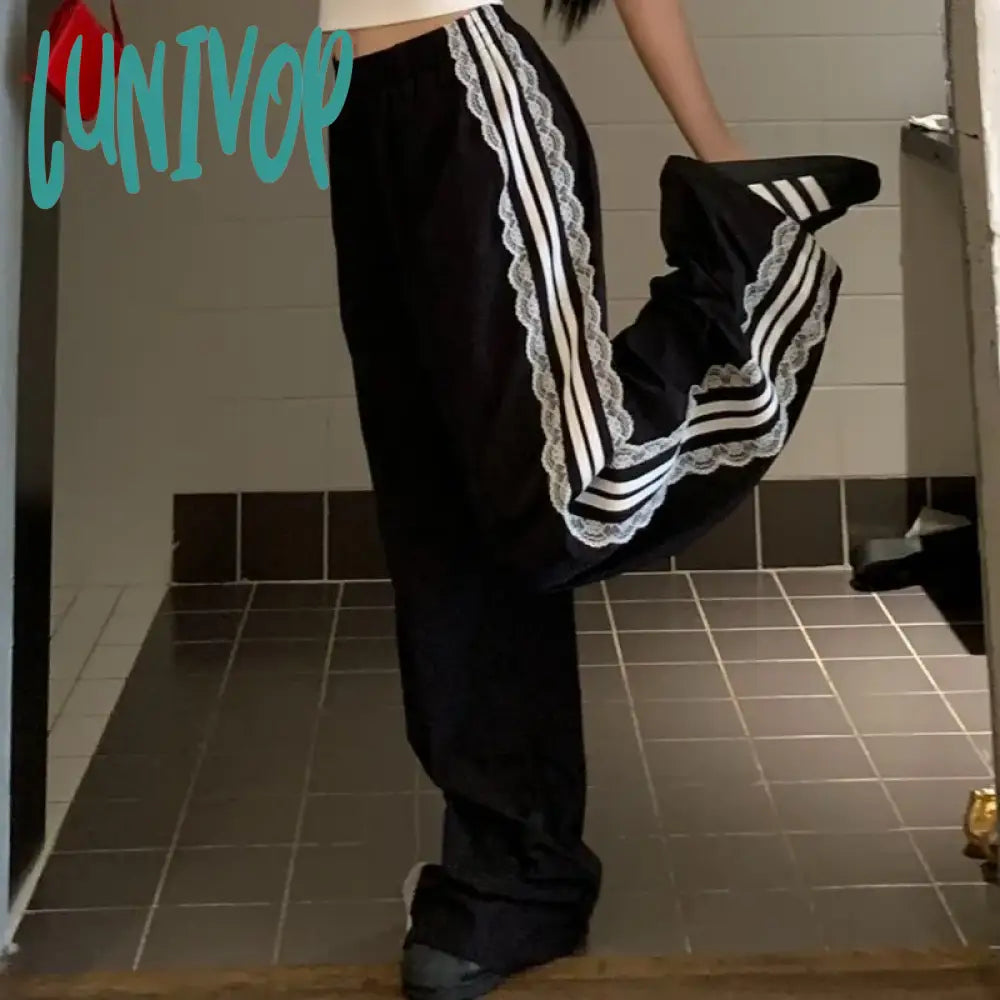 Lunivop Vintage Striped Black Sports Pants Women Baggy Patchwork Lace Wide Leg Jogging Trousers