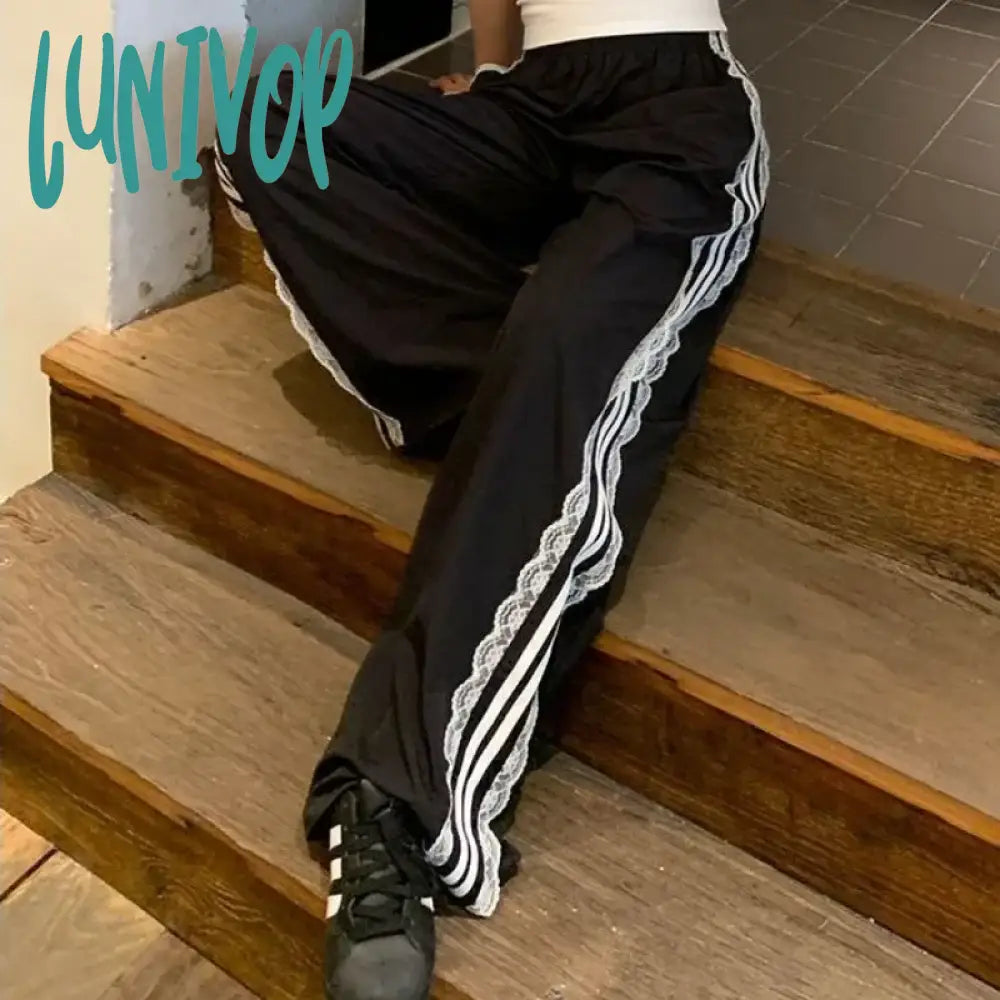 Lunivop Vintage Striped Black Sports Pants Women Baggy Patchwork Lace Wide Leg Jogging Trousers