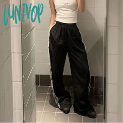 Lunivop Vintage Striped Black Sports Pants Women Baggy Patchwork Lace Wide Leg Jogging Trousers