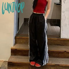 Lunivop Vintage Striped Black Sports Pants Women Baggy Patchwork Lace Wide Leg Jogging Trousers