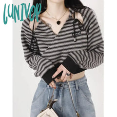 Lunivop Vintage Striped Hoodie Tops Women 2024 Spring All-Match Slim Fit Sweatshirt Mujer Y2K Long