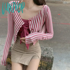 Lunivop Vintage Striped Shirts Women Y2K Tunic Slim Crop Tops Streetwear Korean Harajuku Long