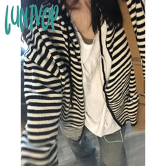 Lunivop Vintage Striped Sweaters Cardigan Women Casual Korean Style Zip Up Knitwear Harajuku Loose