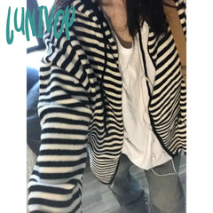 Lunivop Vintage Striped Sweaters Cardigan Women Casual Korean Style Zip Up Knitwear Harajuku Loose