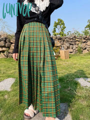 Lunivop Vintage Women Long Plaid Pleated Skirts For Female Thick Casual Loose High Waist A-Line