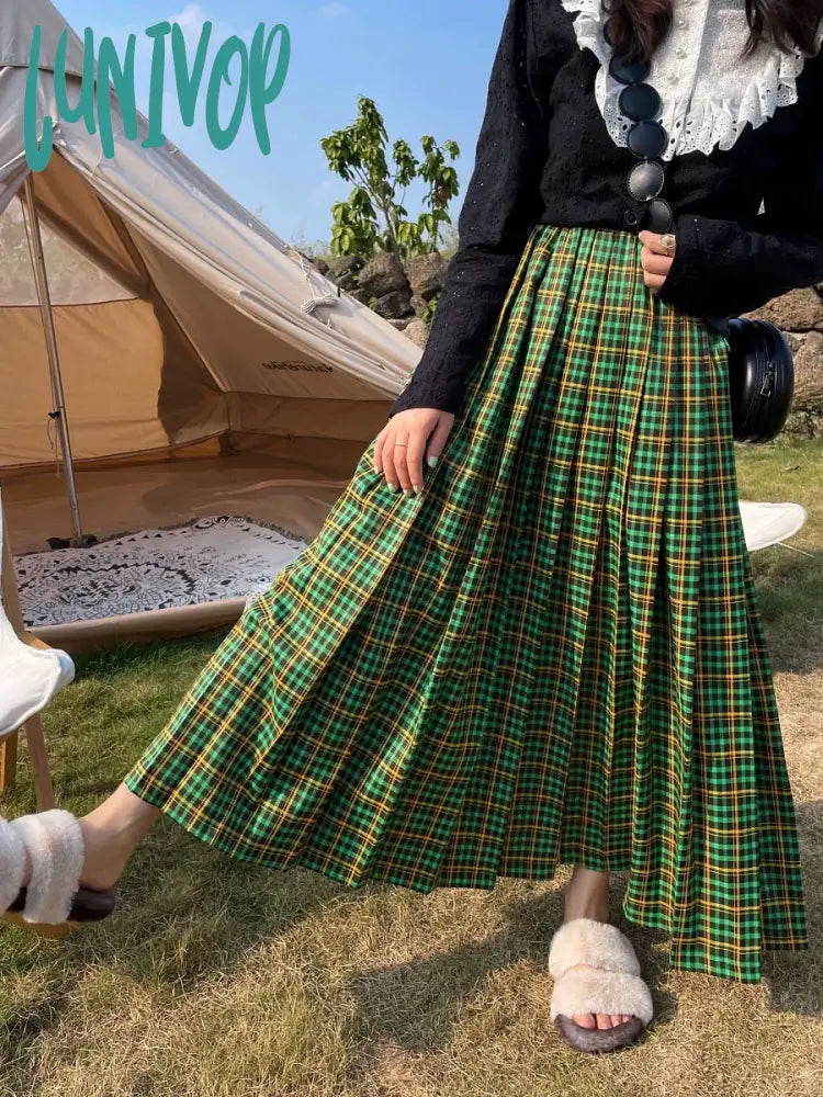 Lunivop Vintage Women Long Plaid Pleated Skirts For Female Thick Casual Loose High Waist A-Line