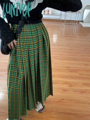 Lunivop Vintage Women Long Plaid Pleated Skirts For Female Thick Casual Loose High Waist A-Line