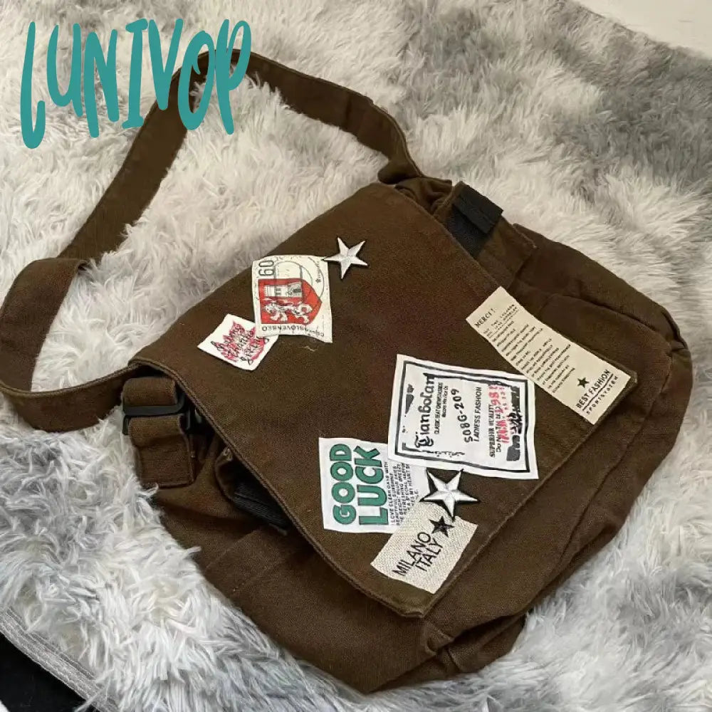 Lunivop Vintage Y2K Messenger Bag For Women Canvas Star Patch Students School Crossbody Bags