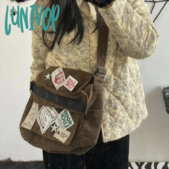 Lunivop Vintage Y2K Messenger Bag For Women Canvas Star Patch Students School Crossbody Bags