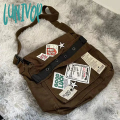 Lunivop Vintage Y2K Messenger Bag For Women Canvas Star Patch Students School Crossbody Bags