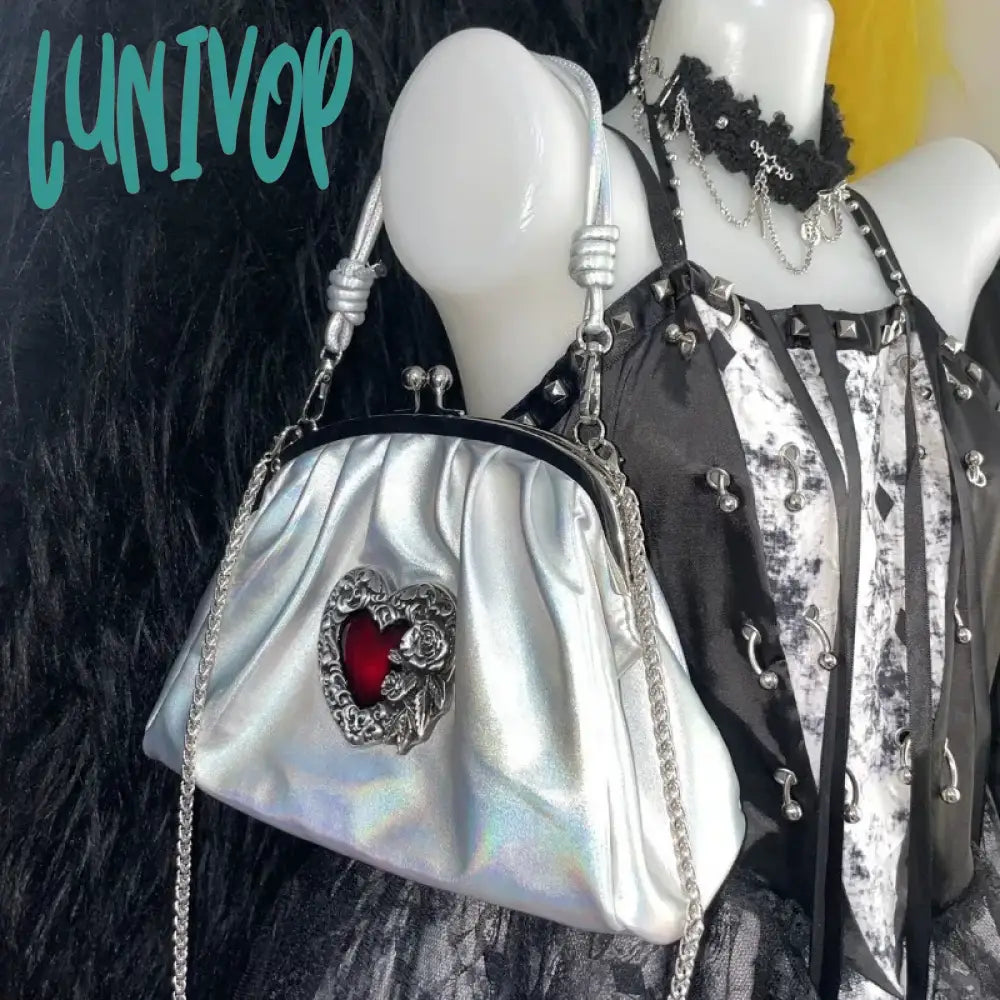 Lunivop Vintage Y2K Womens Handbag Silver Gothic Fashion Chains Casual Shoulder Bag Pu Leather