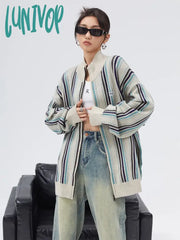 Lunivop Vintage Zipper Striped Cardigan Women Harajuku Fashion Oversized Knitted Sweater Y2K