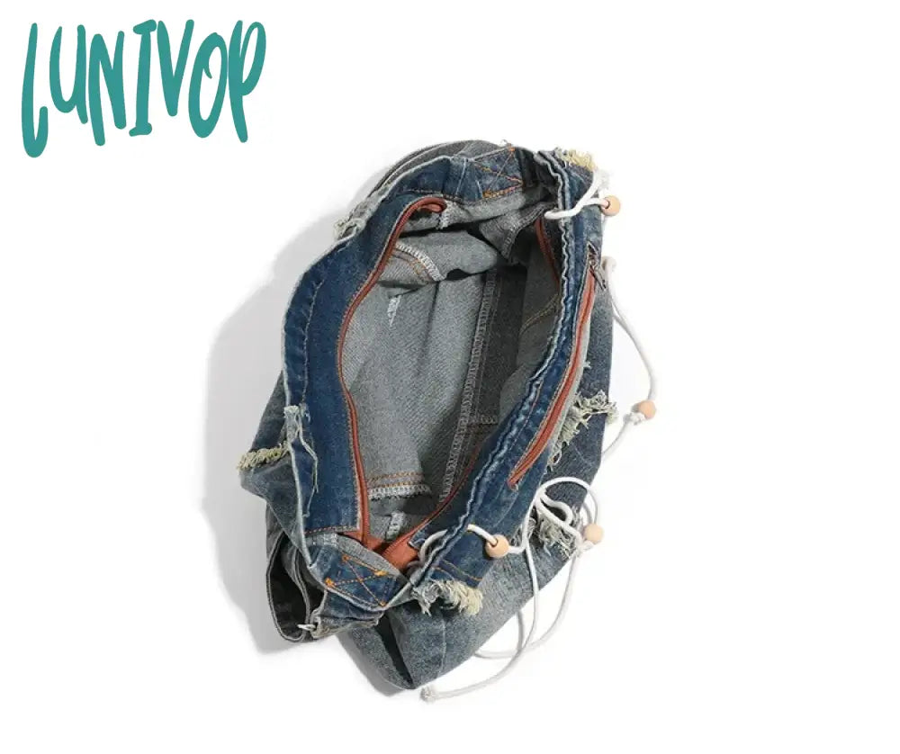 Lunivop Washed Denim Jeans Casual Totes For Women Shoulder Bags Soft Student Large Capacity Vintage