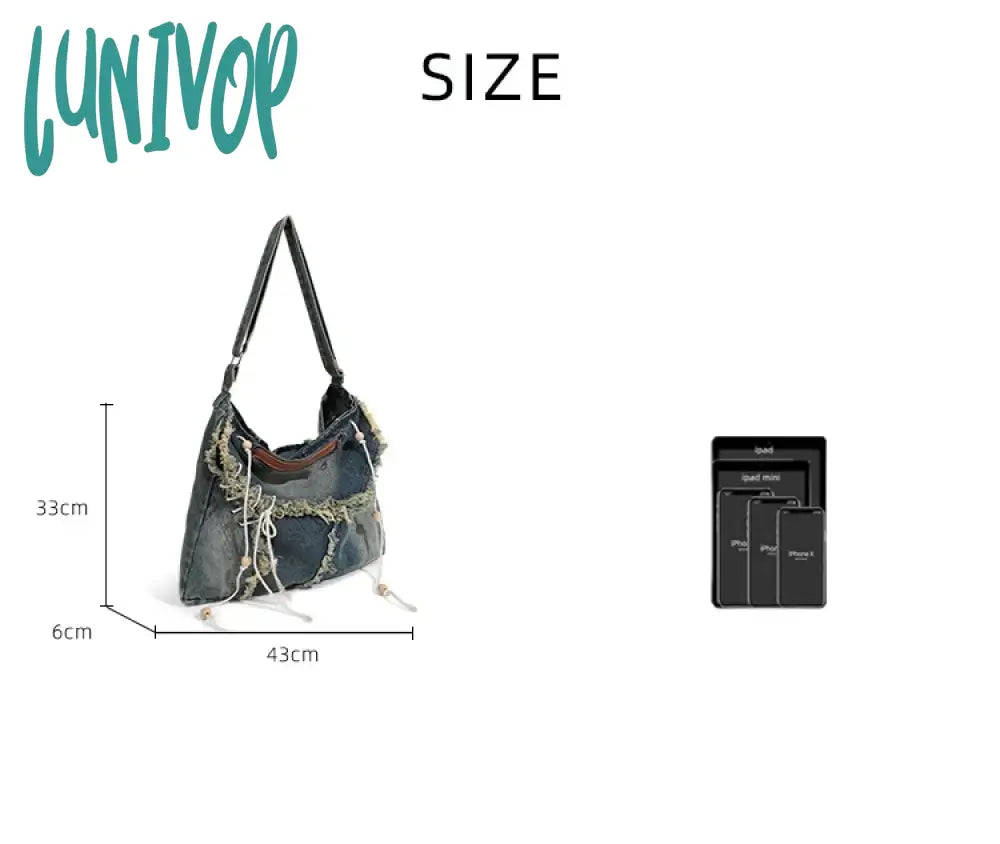 Lunivop Washed Denim Jeans Casual Totes For Women Shoulder Bags Soft Student Large Capacity Vintage