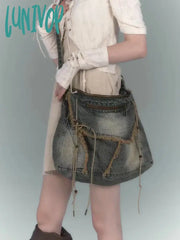 Lunivop Washed Denim Jeans Casual Totes For Women Shoulder Bags Soft Student Large Capacity Vintage
