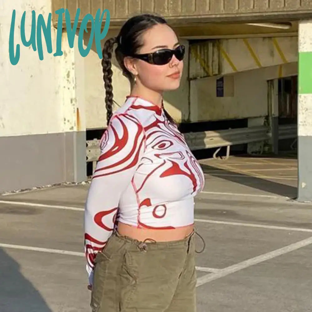 Lunivop Wave Print Y2K Graphic Long Sleeve Crop Top T Shirt Autumn New Basic Casual Vintage 90S